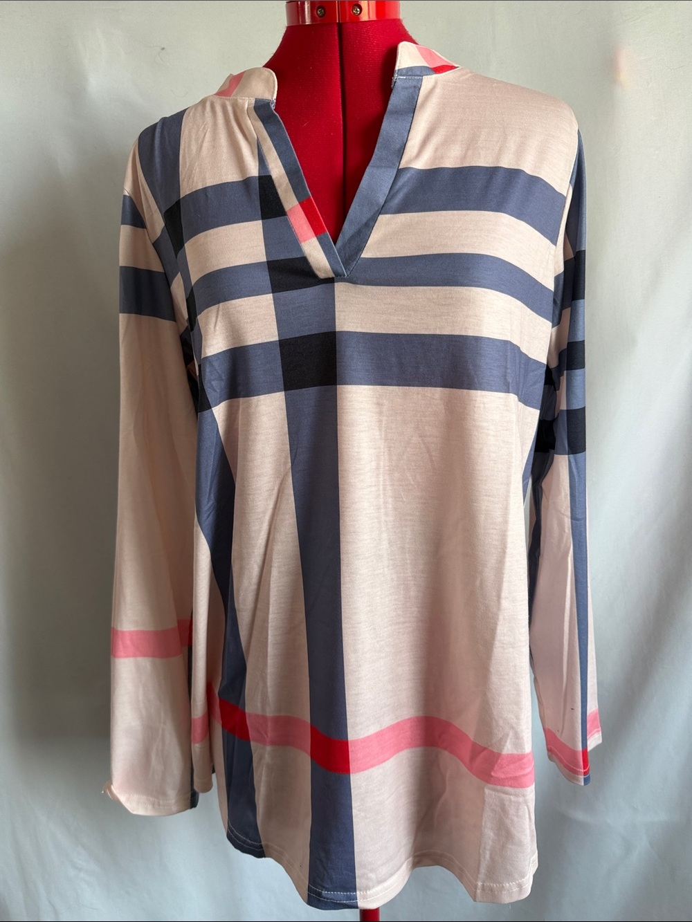 Striped Long-Sleeve Tunic Top in Cream and Blue with Pink Accents